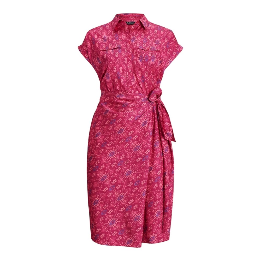 Lauren Ralph Lauren Size-12 Womens Midi‎ Dress Fuchsia Geo Shantung Tie-Waist
